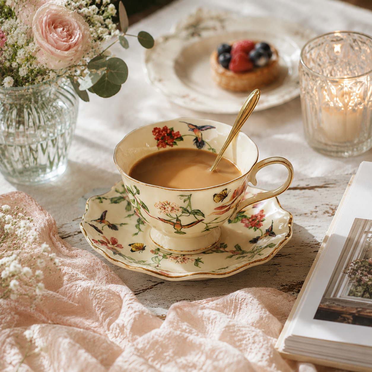 European-Style Floral and Bird Coffee Cup and Saucer Set
