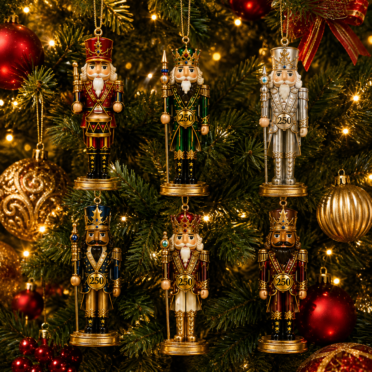 250th Anniversary nutcracker ornaments hanging on Christmas tree