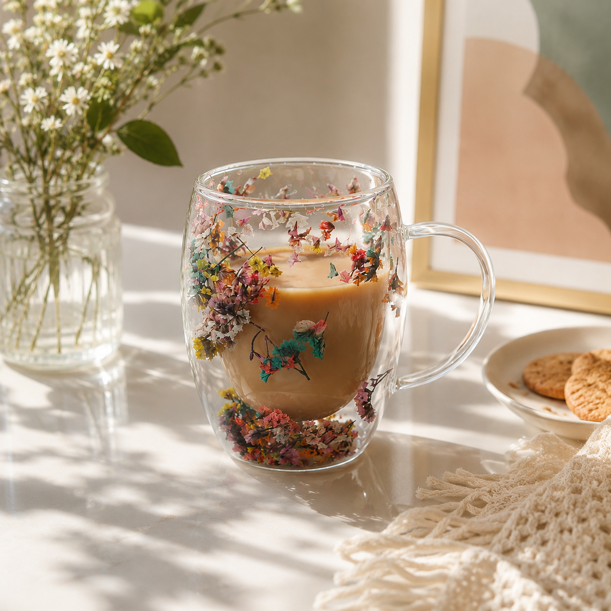 Double-Walled Dried Flower Glass Mug