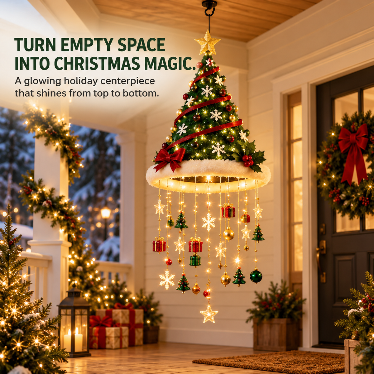 🎄 Lighted Christmas Hanging Chandelier – Tree and Santa hat holiday decorations