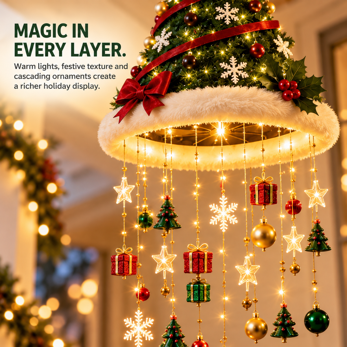 🎄 Lighted Christmas Hanging Chandelier – Tree and Santa hat holiday decorations
