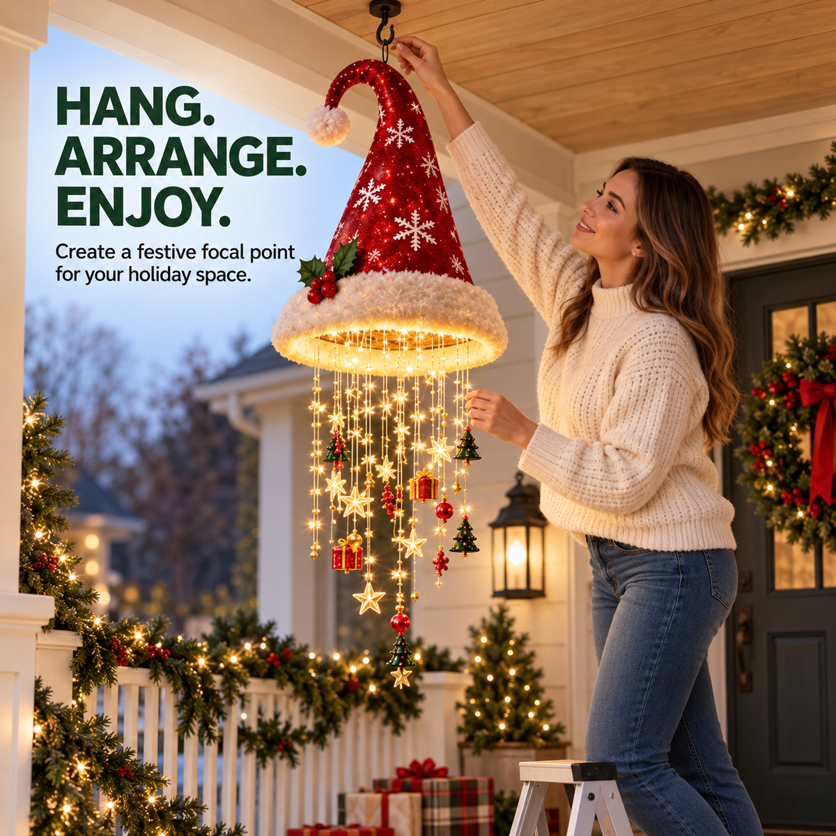 🎄 Lighted Christmas Hanging Chandelier – Tree and Santa hat holiday decorations