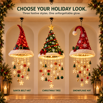 🎄 Lighted Christmas Hanging Chandelier – Tree and Santa hat holiday decorations
