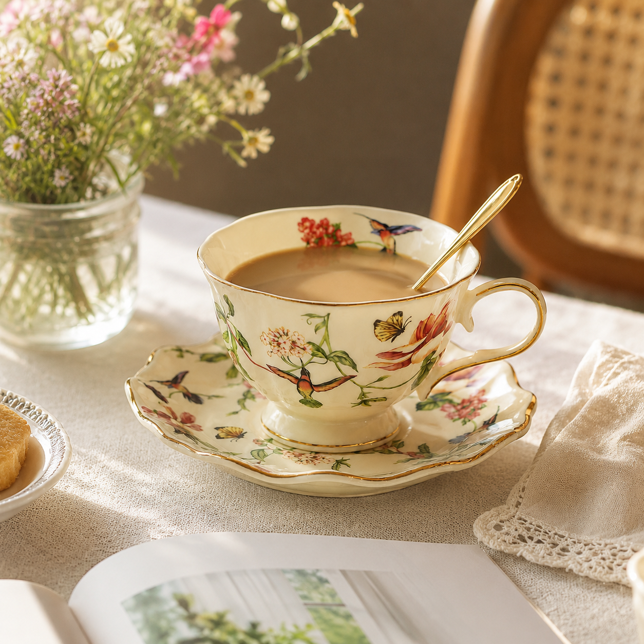 European-Style Floral and Bird Coffee Cup and Saucer Set