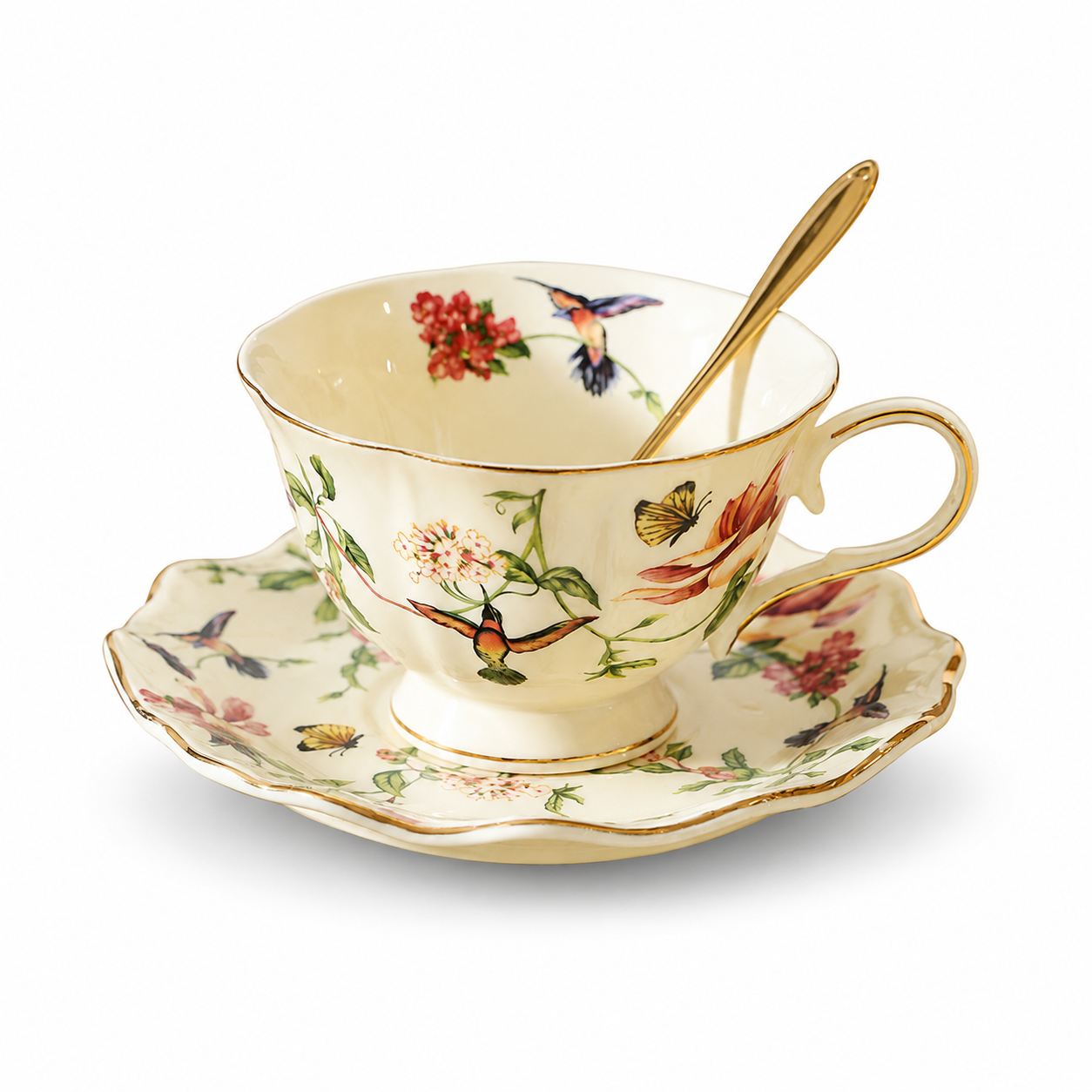European-Style Floral and Bird Coffee Cup and Saucer Set