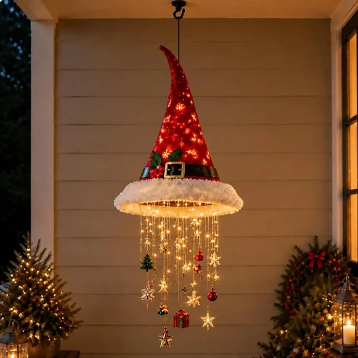 🎄 Lighted Christmas Hanging Chandelier – Tree and Santa hat holiday decorations