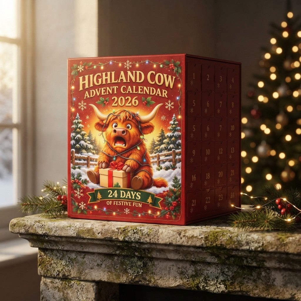Highland Cow Advent Calendar by Christmas tree